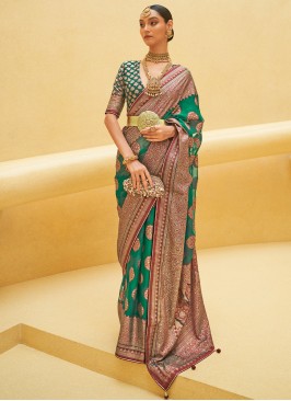 Glorious Weaving Brasso Green Trendy Saree