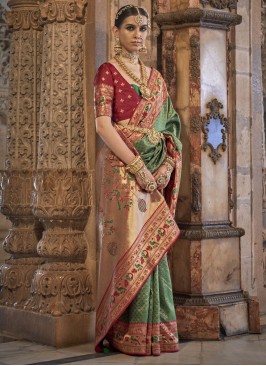 Glossy Banarasi Silk Weaving Green and Maroon Silk