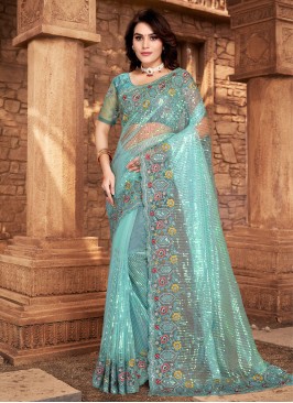 Glossy Embroidered Net Aqua Blue Classic Saree