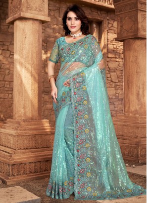 Glossy Embroidered Net Aqua Blue Classic Saree