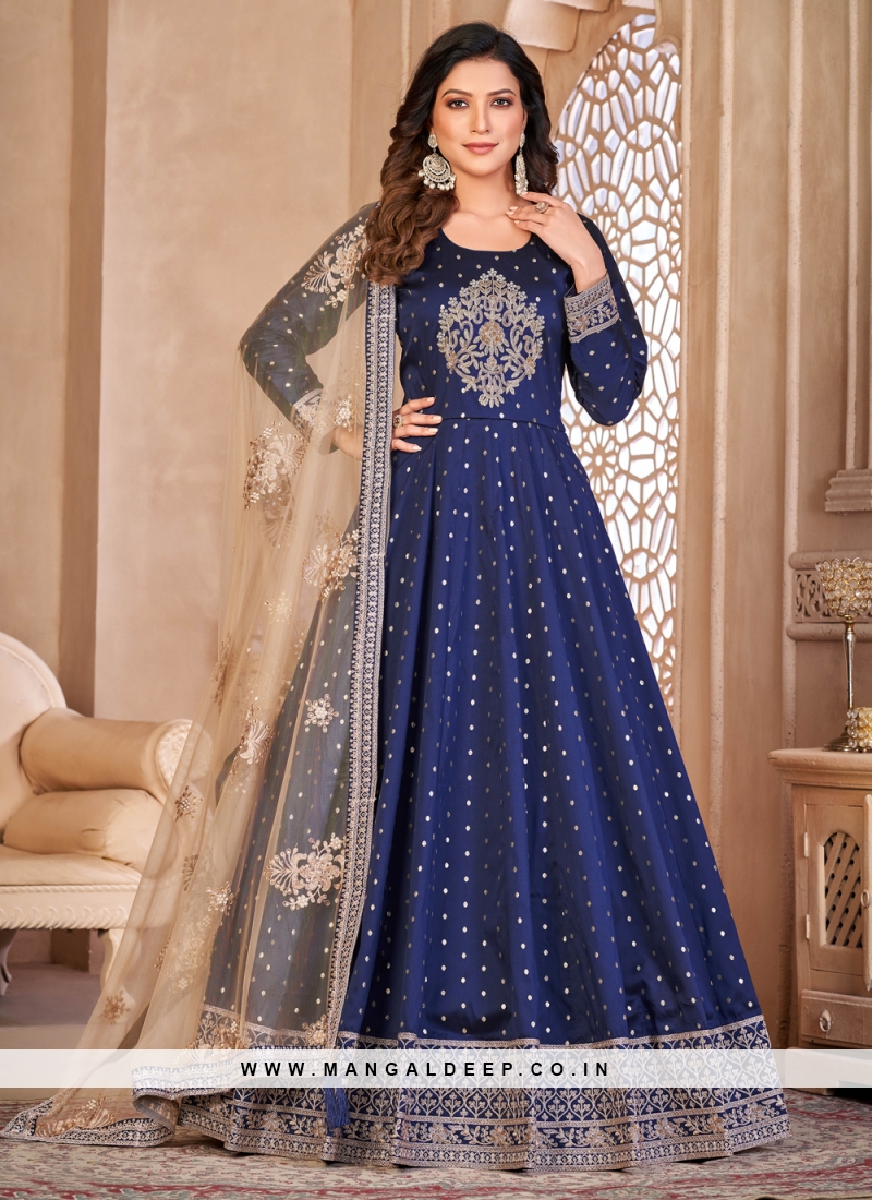 grey art silk embroidered long anarkali suit 9071