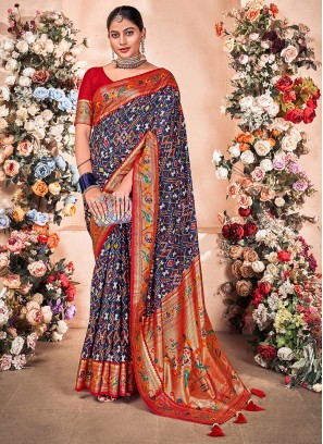 Glossy Foil Print Navy Blue Art Silk Trendy Saree