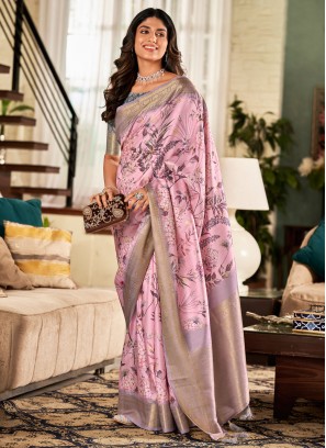 Glossy Pink Digital Print Designer Saree