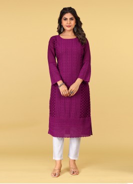 Glossy Purple Embroidered Georgette Casual Kurti