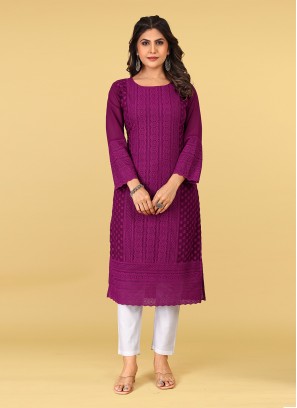 Glossy Purple Embroidered Georgette Casual Kurti