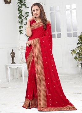 Glossy Red Silk Designer Saree