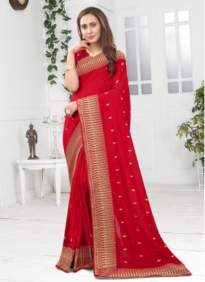 Glossy Red Silk Designer Saree