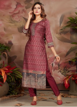 Glossy Silk Digital Print Maroon Designer Kurti