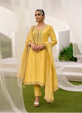 Glossy Silk Embroidered Yellow Palazzo Straight Suit