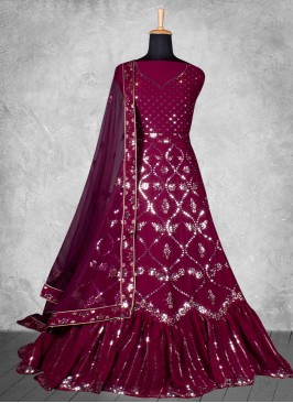 Glossy Wine Embroidered Georgette Lehenga Choli