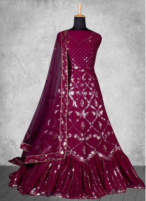Glossy Wine Embroidered Georgette Lehenga Choli