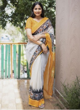 Glowing Cotton White Contemporary Style Saree