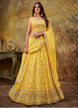 Glowing Embroidered Yellow Georgette Trendy Lehenga Choli