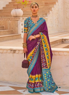 Glowing Handwork Purple Silk Contemporary Style Saree