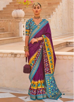 Glowing Handwork Purple Silk Contemporary Style Saree