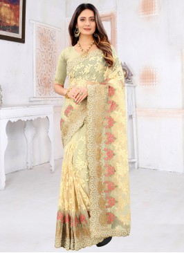 Glowing Net Cream Resham Designer Saree