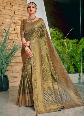 Gold and Green Weaving Engagement Saree