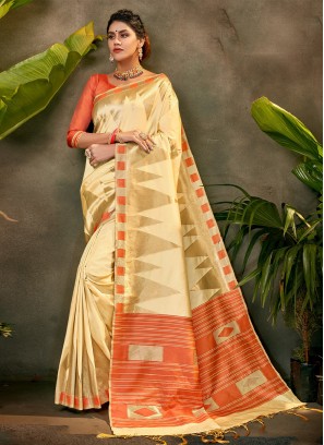 Gold and Orange Woven Classic Saree