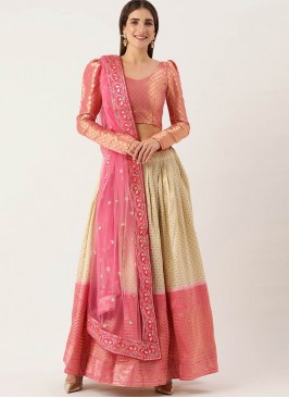 Gold And Pink Color Silk Sangeet Wear Lehenga