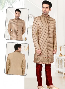 Gold Art Silk Sherwani with Marron Art Silk Trouse