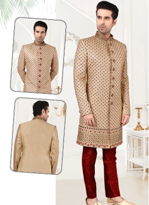 Gold Art Silk Sherwani with Marron Art Silk Trouser