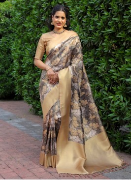 Gold Banarasi Silk Digital Print Contemporary Saree