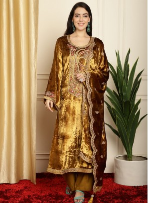 Gold Embroidered Velvet Designer Salwar Kameez