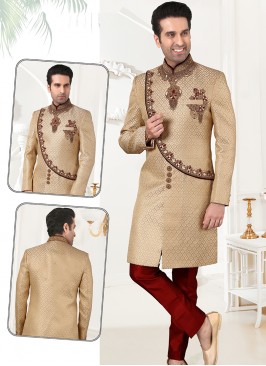 Gold Jaquard Sherwani with Marron Art Silk Trouser