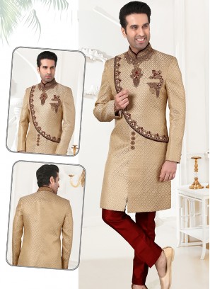 Gold Jaquard Sherwani with Marron Art Silk Trouser