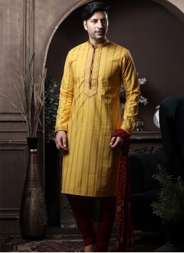 Yellow Silk Kurta Pajama with Marron ArtSilk Trouser.