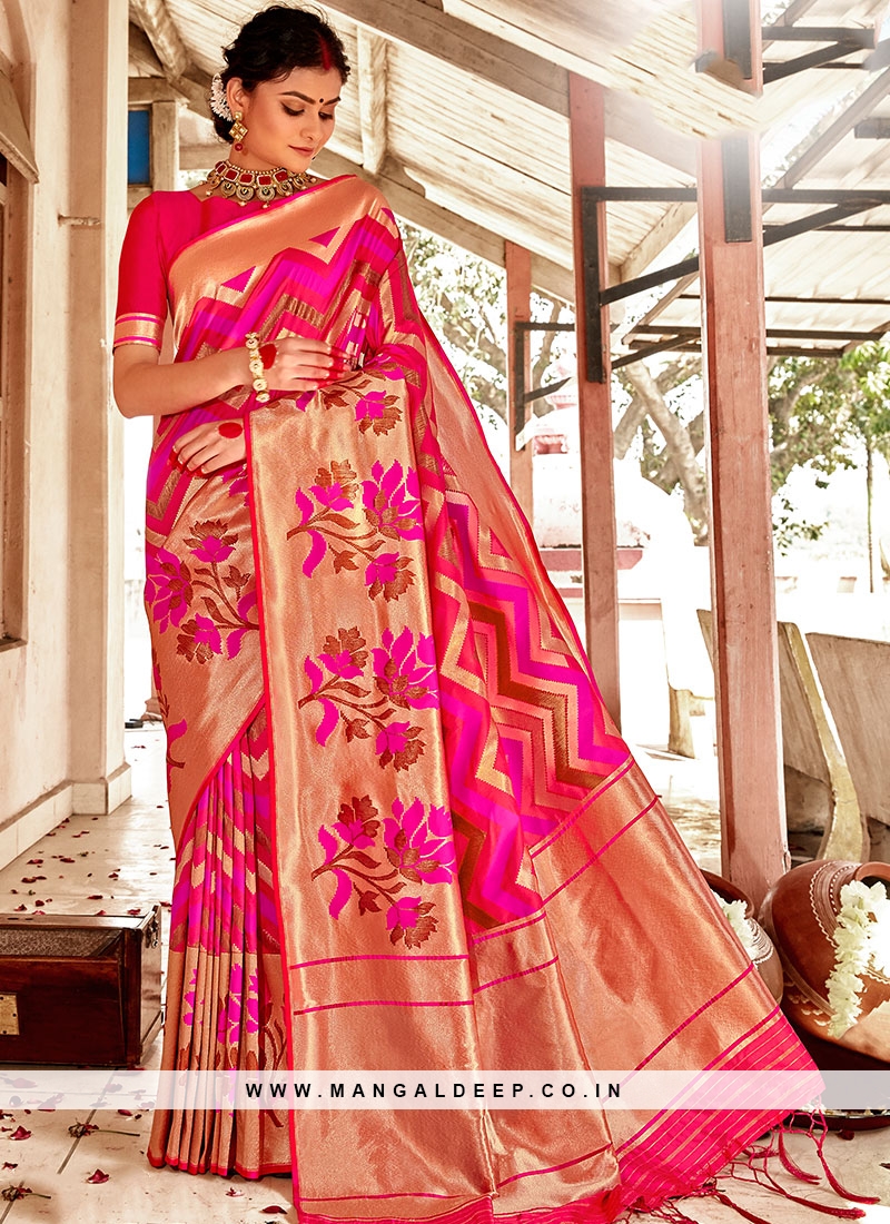 Golden And Pink Color Silk Saree