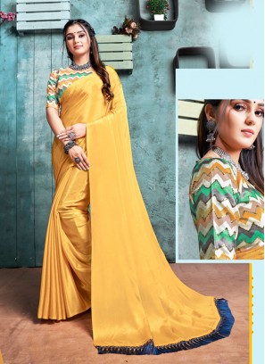 Golden Color Plain Saree With Printed Blouse