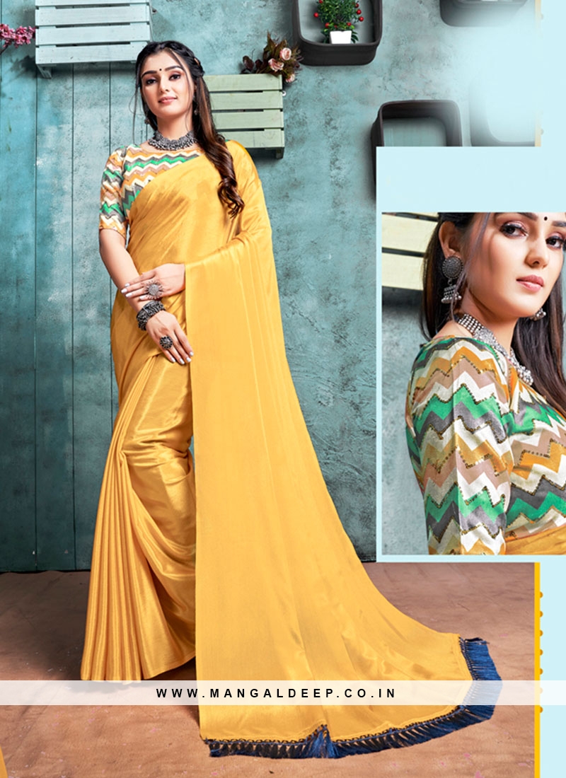 Golden Color Plain Saree With Printed Blouse