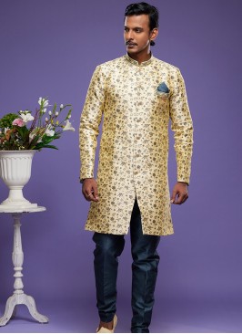 Golden Elegance Fusion: Banarasi Jacquard Semi-Indo Western Ensemble.