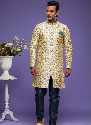 Golden Elegance Fusion: Banarasi Jacquard Semi-Indo Western Ensemble.