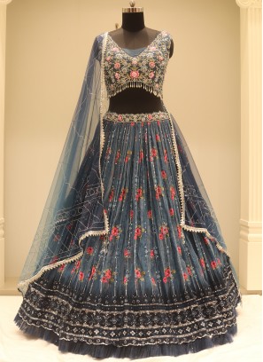 Gorgeous Blue Resham Work Chiffon Festive Wear Lehenga Choli