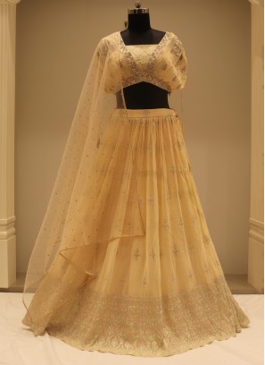 Gorgeous Cream Resham Work Chiffon Festive Wear Lehenga Choli