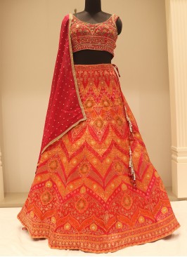 Gorgeous Orange- Pink  Resham Work Banarasi Silk Festive Wear Lehenga Choli