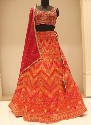 Gorgeous Orange- Pink  Resham Work Banarasi Silk Festive Wear Lehenga Choli
