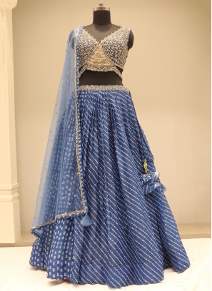 Gorgeous Blue Resham Work Organza Festive Wear Lehenga Choli