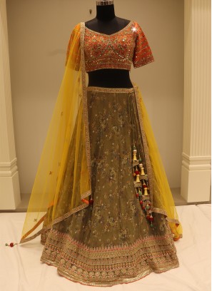 Gorgeous Green Digital Printed Organza Party Wear Lehenga Choli