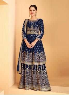 Gorgonize Embroidered Faux Georgette Navy Blue Palazzo Designer Suit