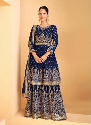 Gorgonize Embroidered Faux Georgette Navy Blue Palazzo Designer Suit