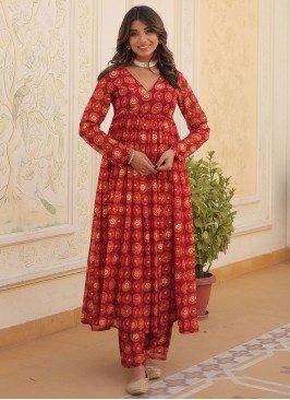 Gorgonize Foil Print Orange and Red Party Wear Kurti