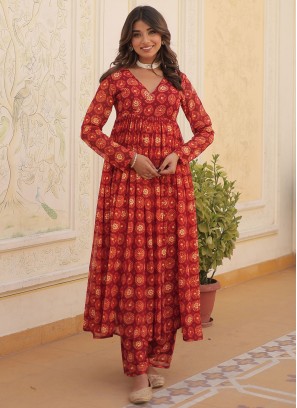 Gorgonize Foil Print Orange and Red Party Wear Kurti