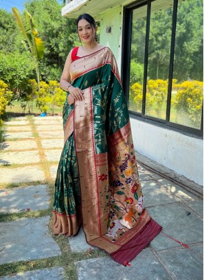 Gorgonize Green Woven Silk Contemporary Style Saree