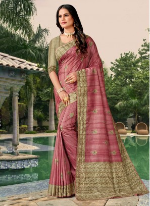 Gorgonize Pink Katha Tussar Silk Designer Saree