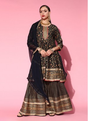 Gota Work Cotton Salwar Kameez in Black