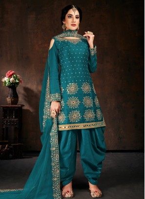 Graceful Cotton Mirror Teal Designer Patiala Salwar Kameez