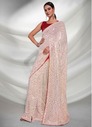 Graceful Georgette Embroidered Off White Designer Saree